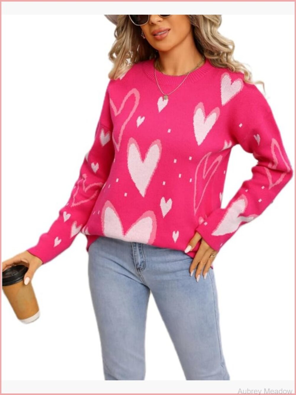 Women's Cute Heart Print Crew Neck Long Sleeve Knit Pullover Sweater